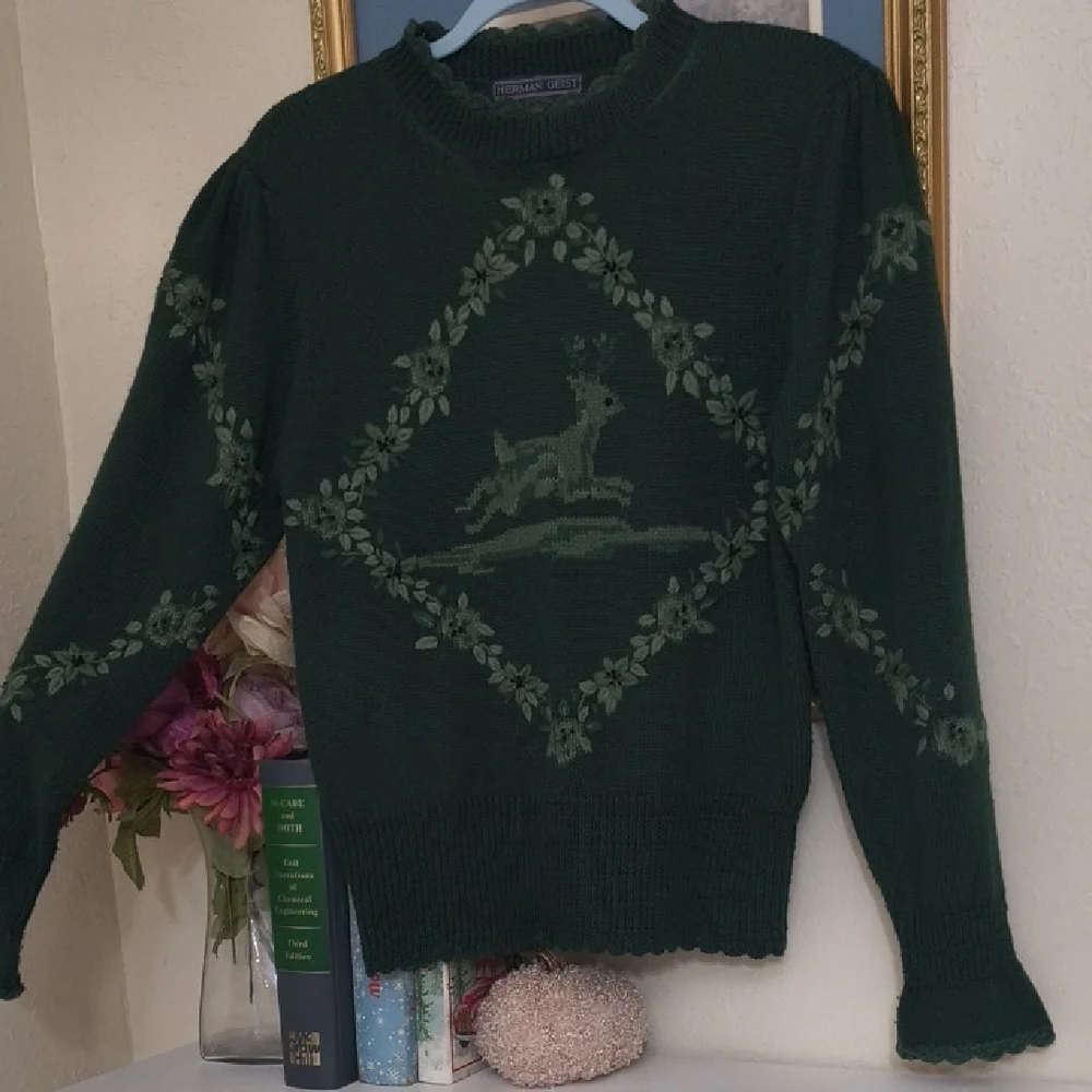 Herman Geist Green Sweater Deer Design Vintage Grandmacore Eclectic Cottagecore - Picture 6 of 14